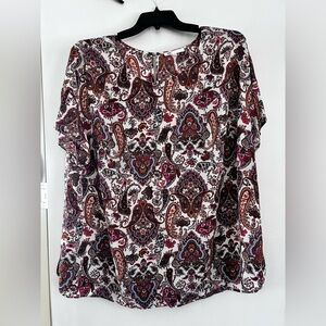 DR2 White Paisley Short Sleeve Blouse with Pink and Orange Accents